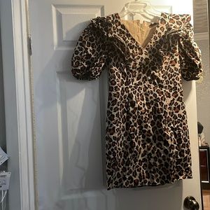 Express English Factory Brand Medium Leopard Print Puff Sleeve Mini Dress